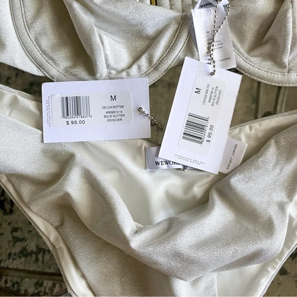 WeWoreWhat Bikini Vintage Bra Delilah Shimmer Sparkly Solid Glitter Silver M NWT